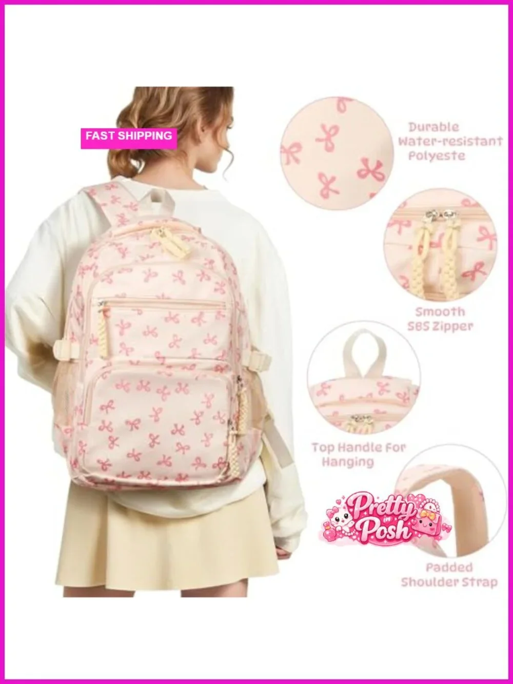 Large Capacity Nylon Backpack with Bow Padded Straps Water Resistant Daypack